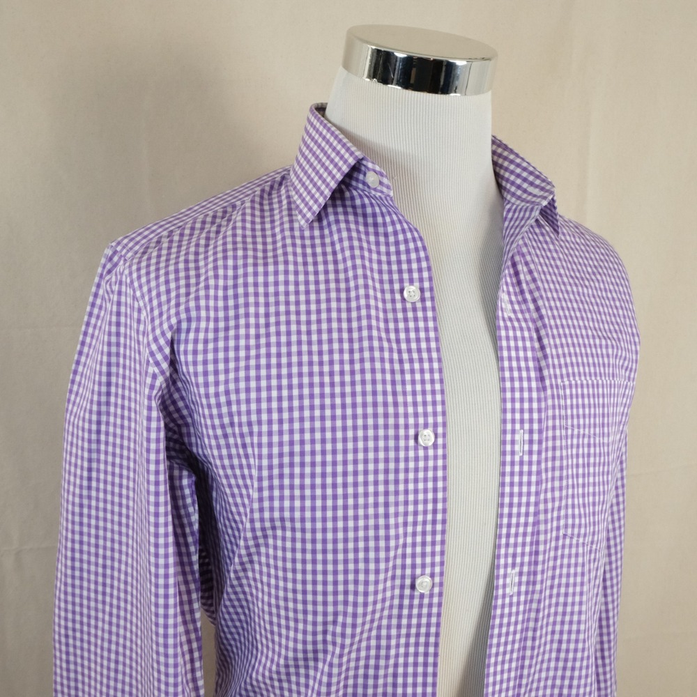 Bonobos 15 34 Slim Fit Dress Shirt Purple Gingham Wrinkle Free Cotton Mens